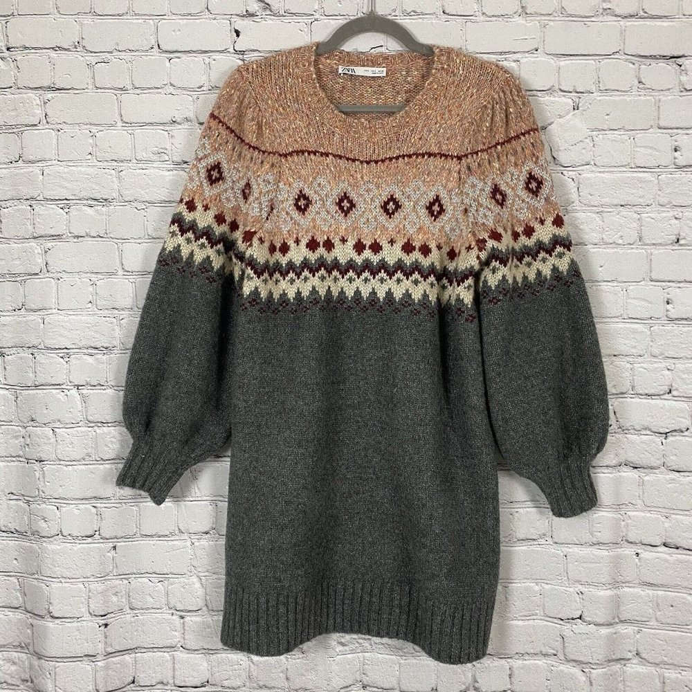 Zara Balloon Sleeve Jacquard Knit Crewneck Sweater Dress Tunic Gray Multi, S